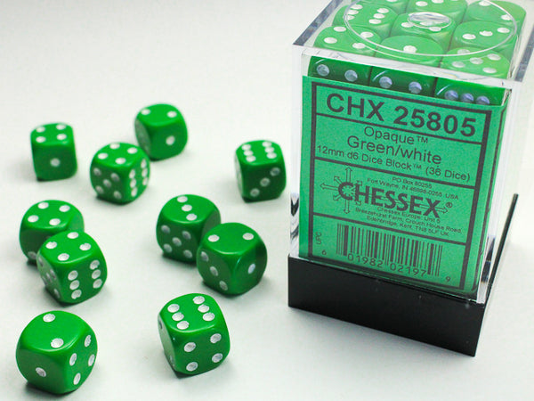 Opaque Green/white 12mm d6 Dice Block (36 dice) | Chessex