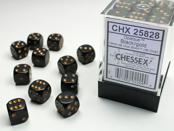 Opaque Black/gold 12mm d6 Dice Block (36 dice) | Chessex