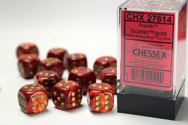 Scarab Scarlet/gold 16mm d6 Dice Block (12 dice) | Chessex