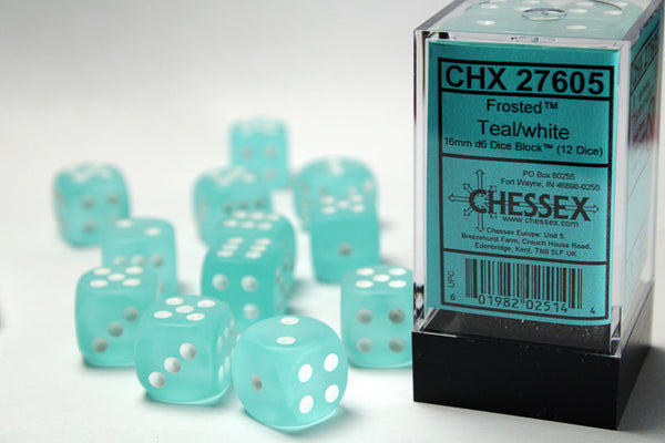 Frosted Teal/white 16mm d6 12-Die Set | Chessex