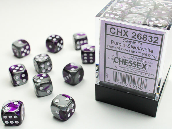 Gemini Purple-Steel/white 12mm d6 36-Die Set | Chessex