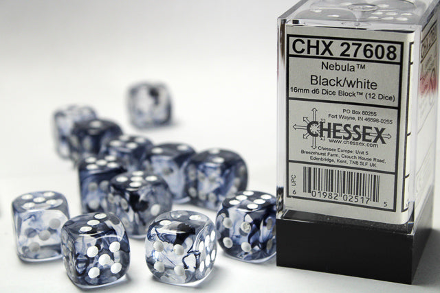 Nebula Black/white 16mm d6 12-Die Set | Chessex