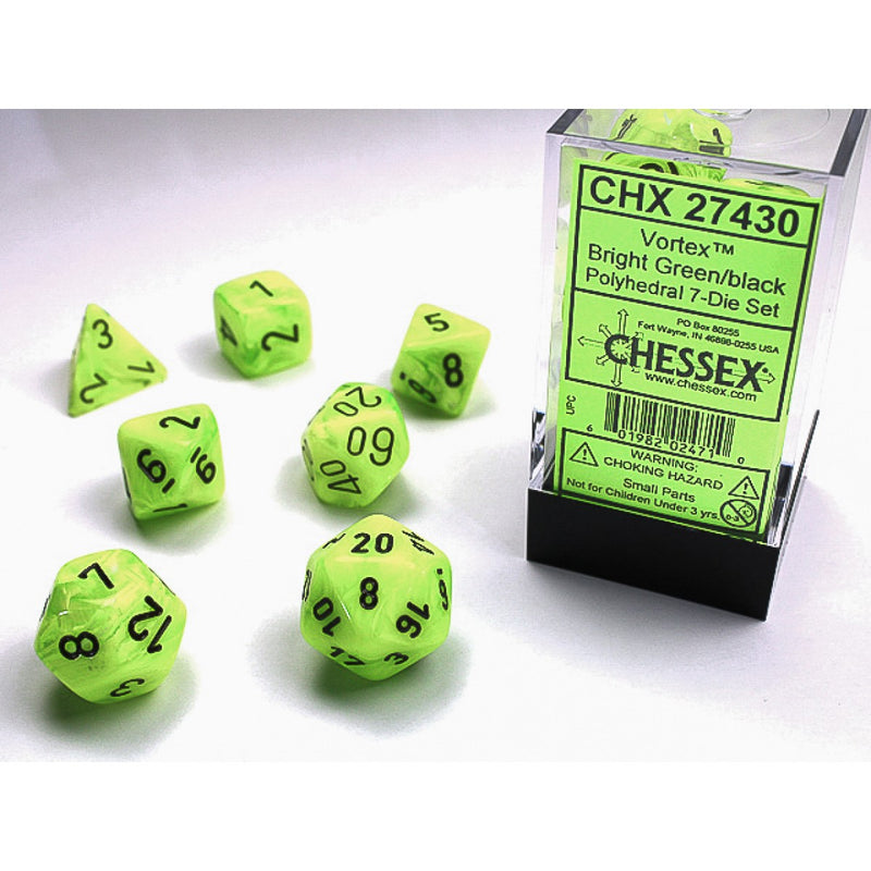 Vortex Bright Green/black Polyhedral 7-Dice Set | Chessex